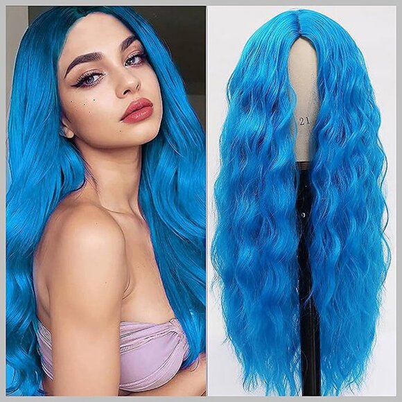 30 Inch Long Wavy Wigs for Women Teal Blue